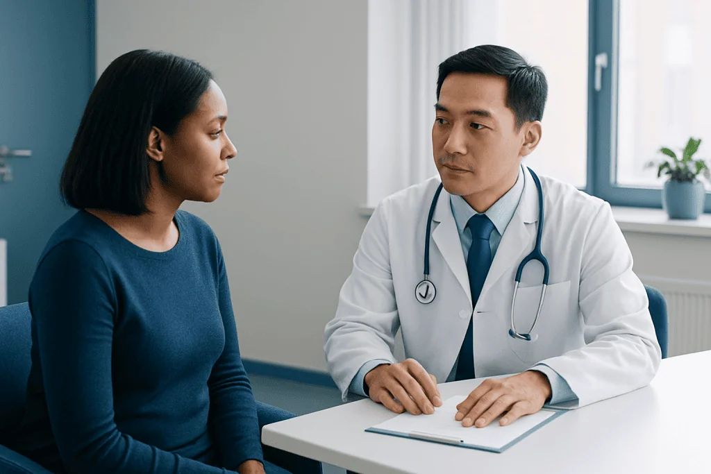 Doctor consulting with a female patient in a medical office setting.