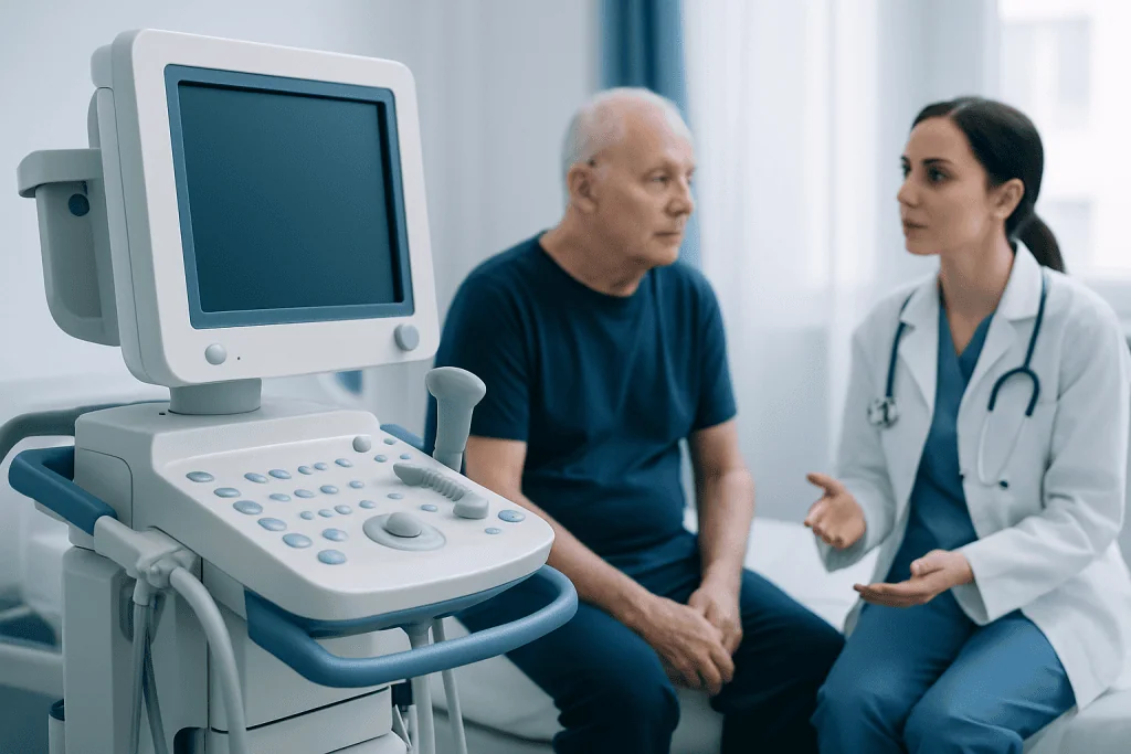 Doctor discussing health with elderly patient in hospital room.