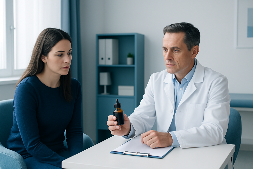 Doctor explaining medical cannabis oil to a patient in a clinic setting.