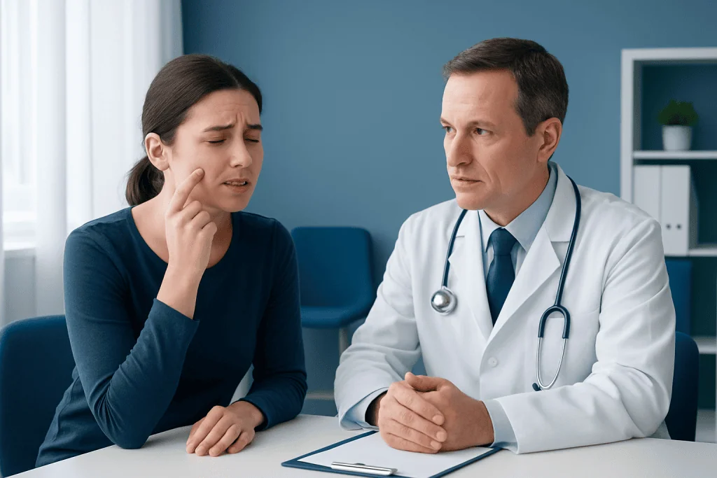 Doctor consulting with a woman about skin concerns in a medical office.
