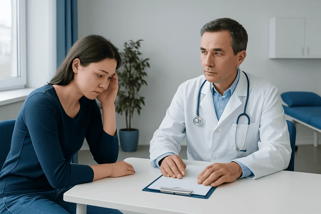 Doctor consulting with a young woman in a medical office setting.