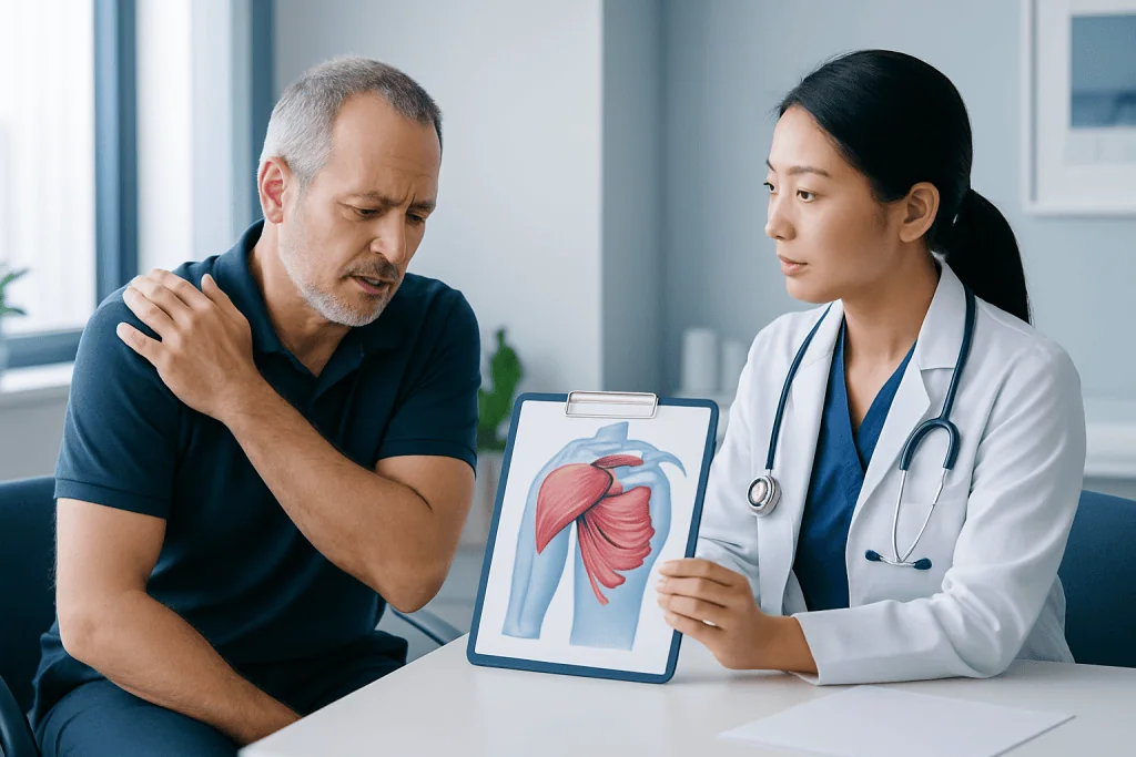 Doctor explains rotator cuff muscles to patient using diagram.