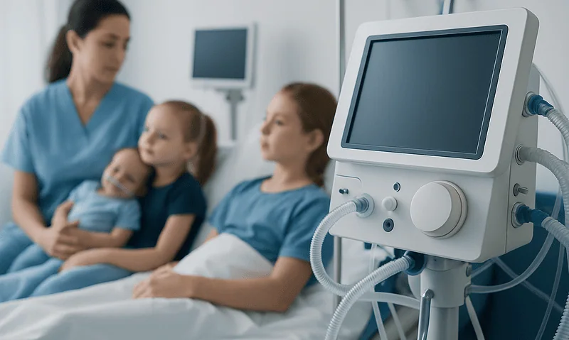 Hospital room with children and nurse, medical equipment in foreground.