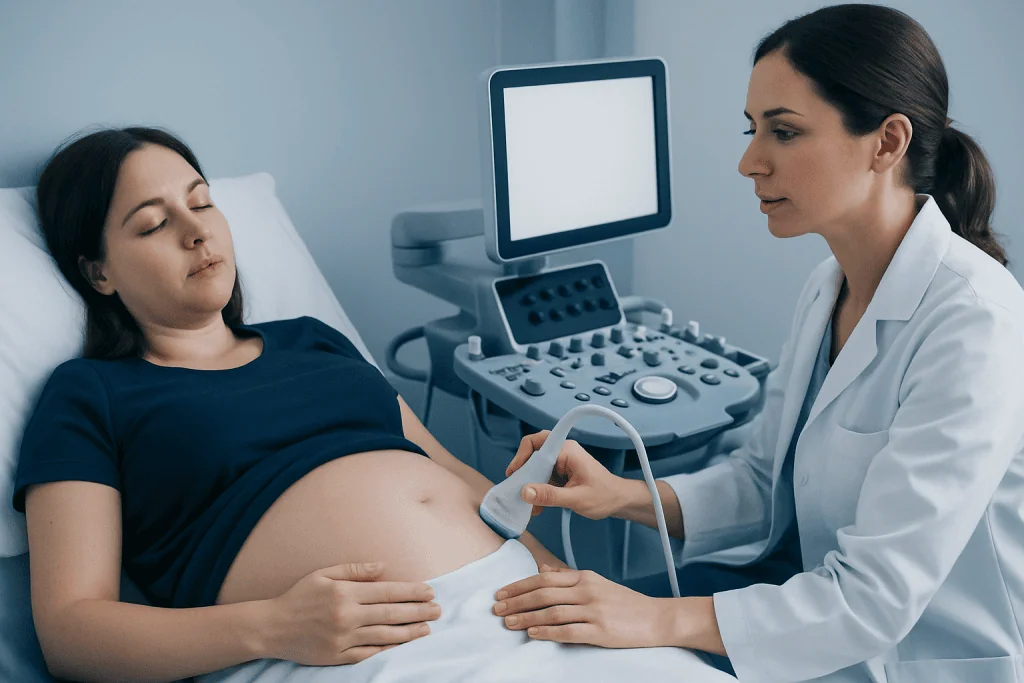 Pregnant woman undergoing ultrasound examination at hospital.