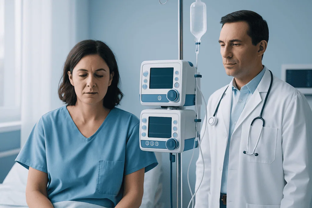 Doctor and patient in hospital room with medical equipment.