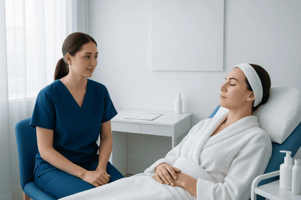 Medical professional consulting a patient in a clinical setting.