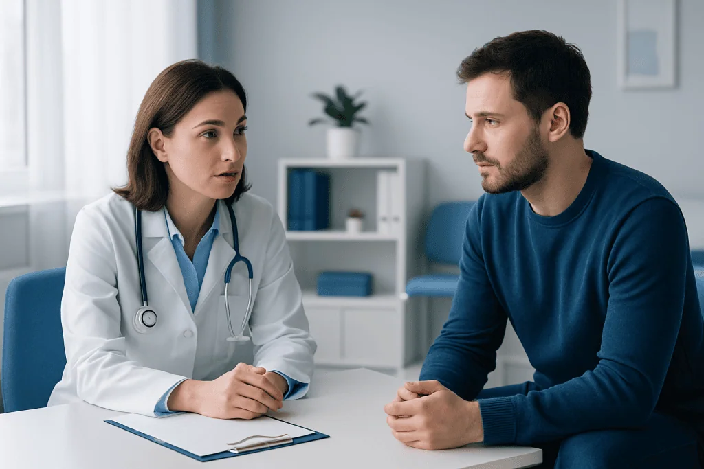 Doctor consulting with a male patient in a medical office setting.
