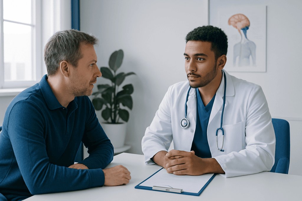Doctor consulting with a patient in a modern medical office.