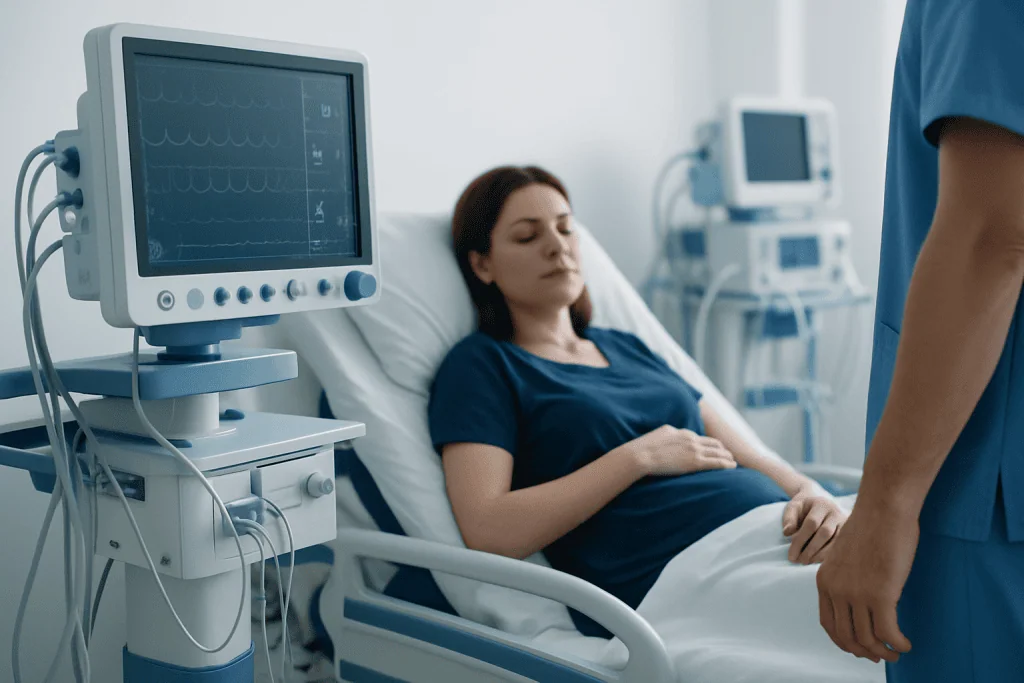 Patient in hospital bed with medical monitors in the background.