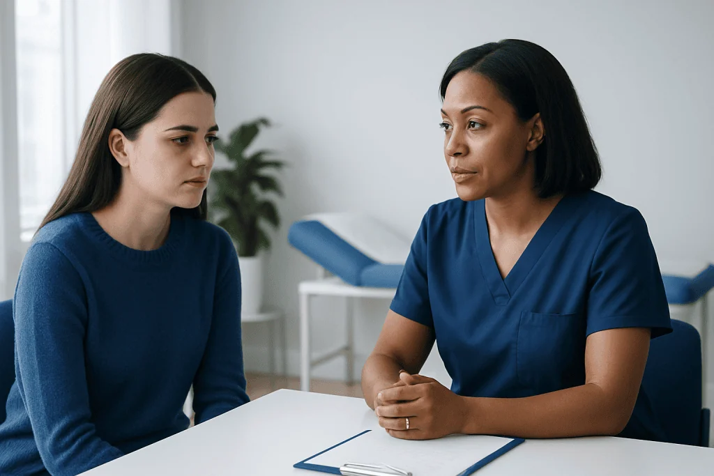 Doctor consulting with young female patient in a medical office.