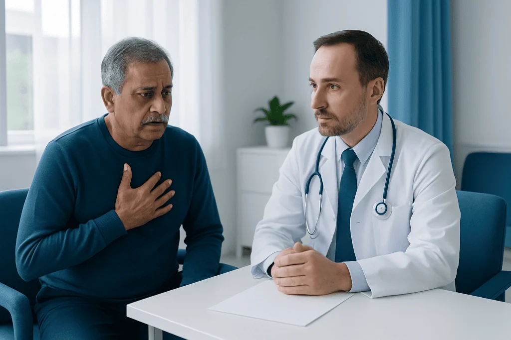 Doctor consulting with a patient about heart health in a hospital setting.