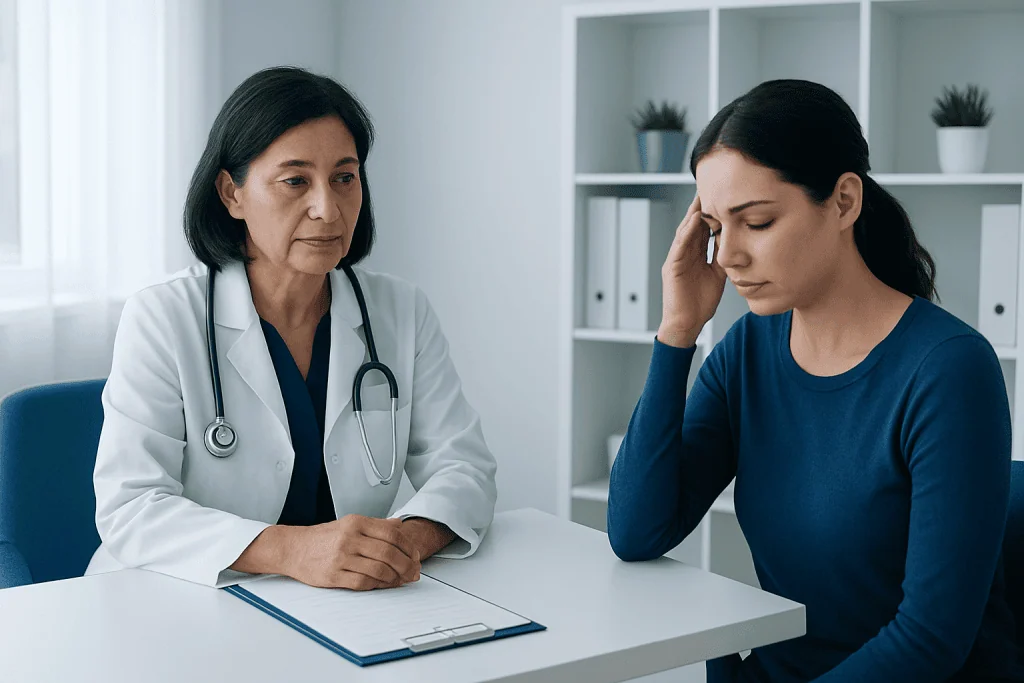 Doctor consulting with a young woman in a medical office.