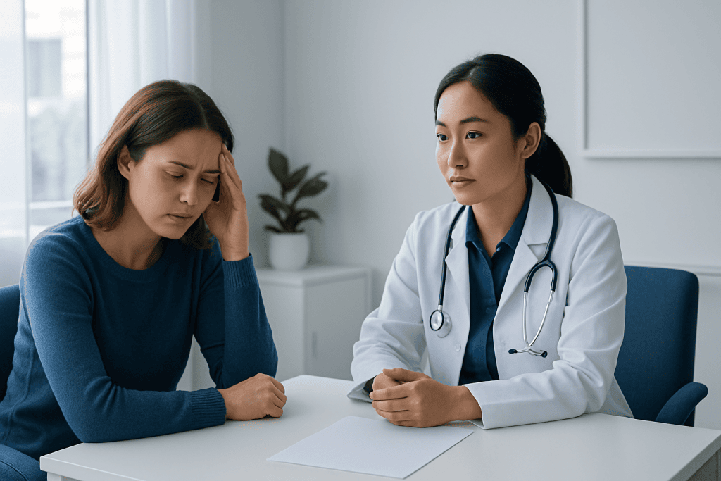 Doctor consulting with a worried female patient in a modern clinic.