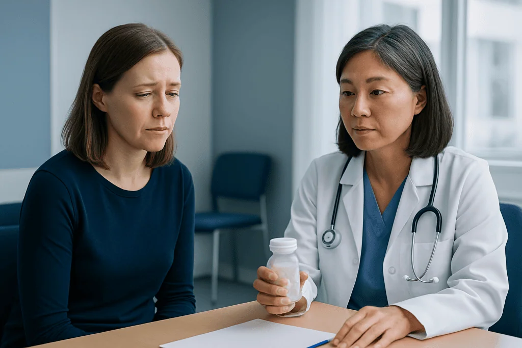 Doctor explaining medication to a patient in a clinical setting.