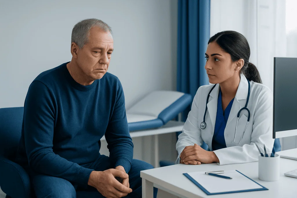 Doctor consulting with an elderly male patient in a medical office.