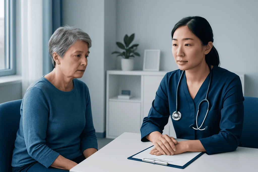 Doctor consulting with an elderly female patient in a medical office.