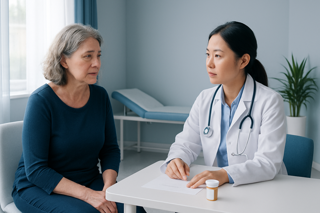Doctor consulting with an elderly female patient in a medical office.