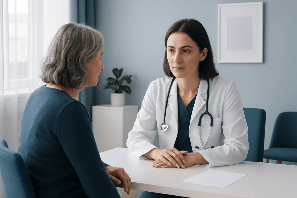 Doctor consulting with an elderly patient in a medical office.