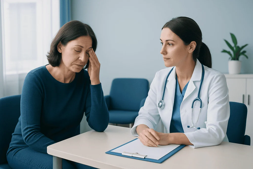 Patient consulting with a doctor about health concerns in a medical office.