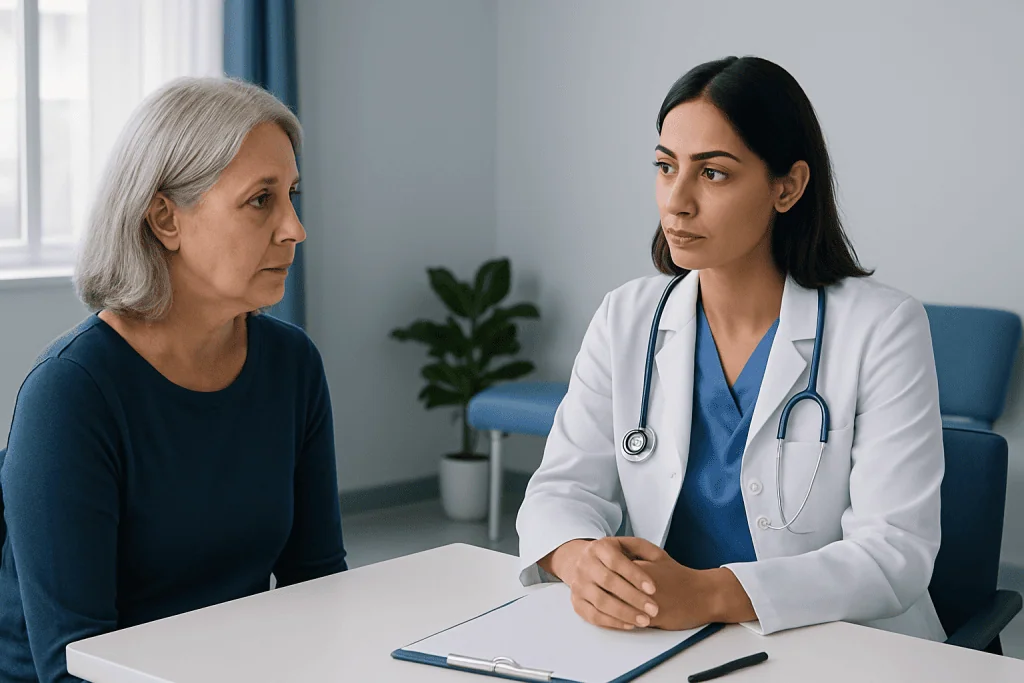 Doctor consulting with an elderly female patient in a medical office.