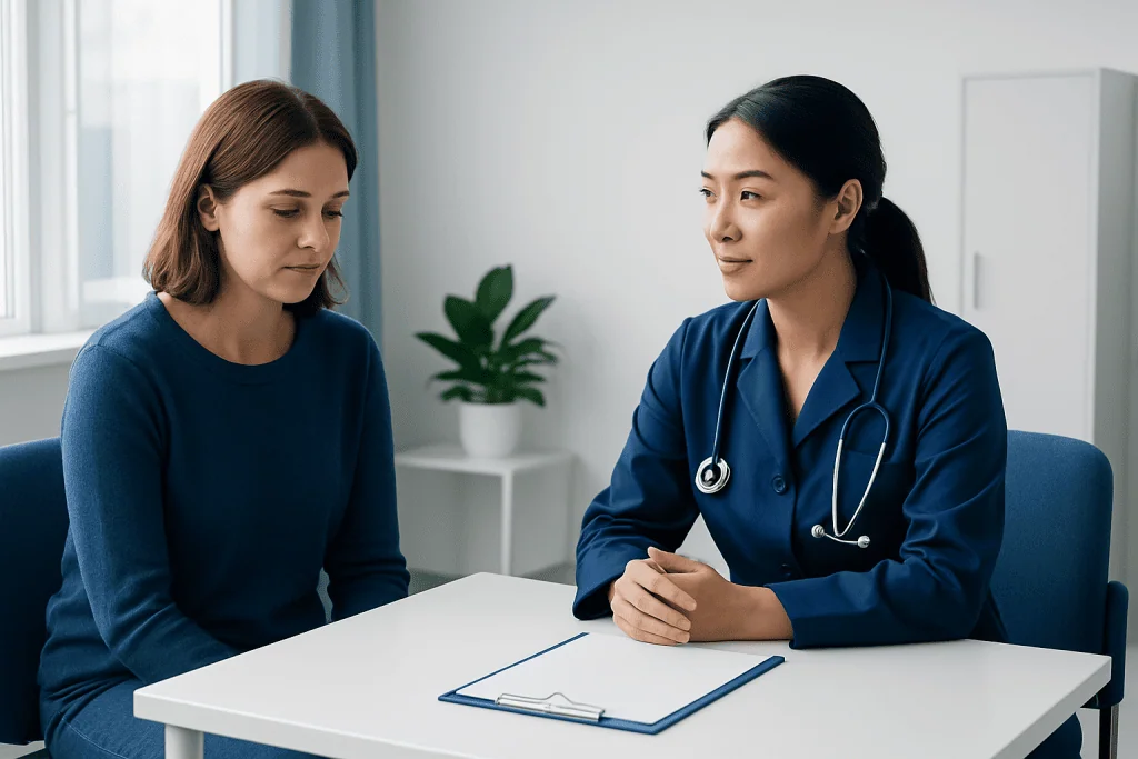 Doctor consulting with a patient in a modern hospital room.