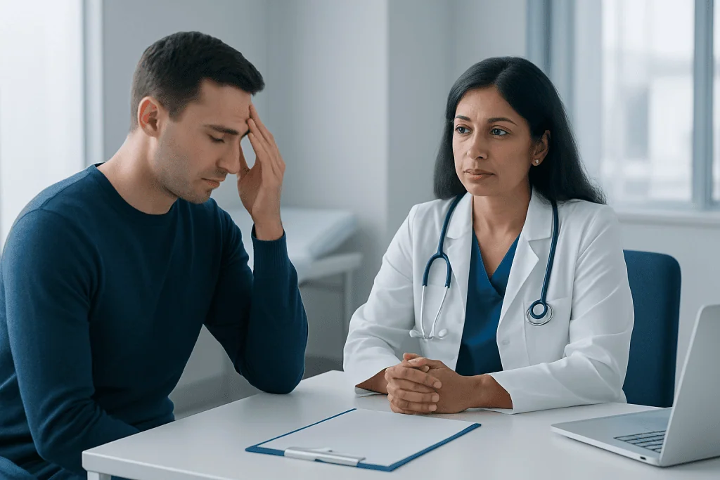 Patient consulting with a doctor about health concerns in a medical office.