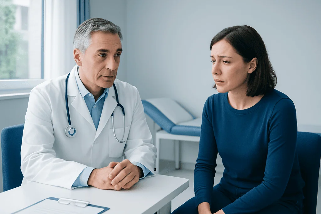 Doctor consulting with a female patient in a medical office.