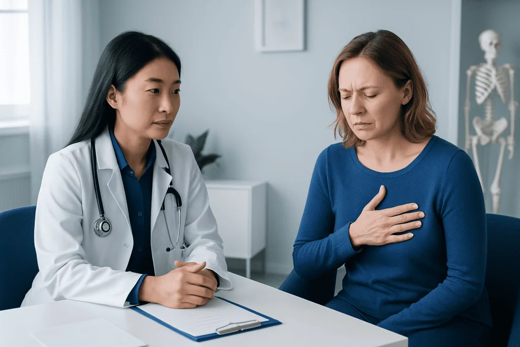 Doctor consulting a patient with chest pain in a medical office.