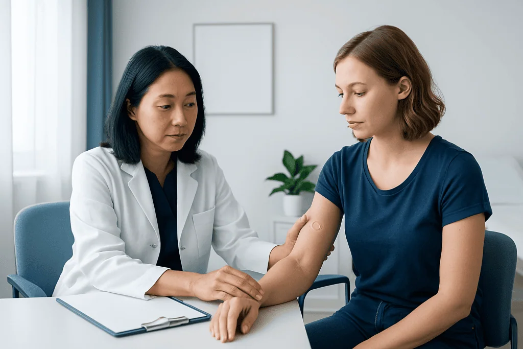 Doctor administering flu shot to young woman in clinic setting.