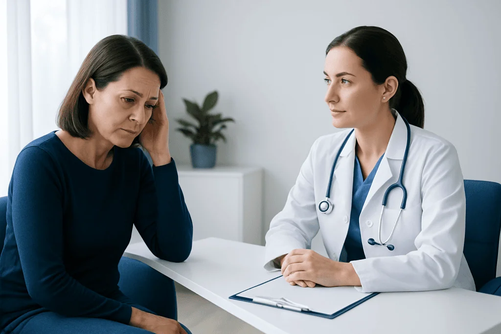 Doctor consulting with a worried middle-aged woman in a medical office.