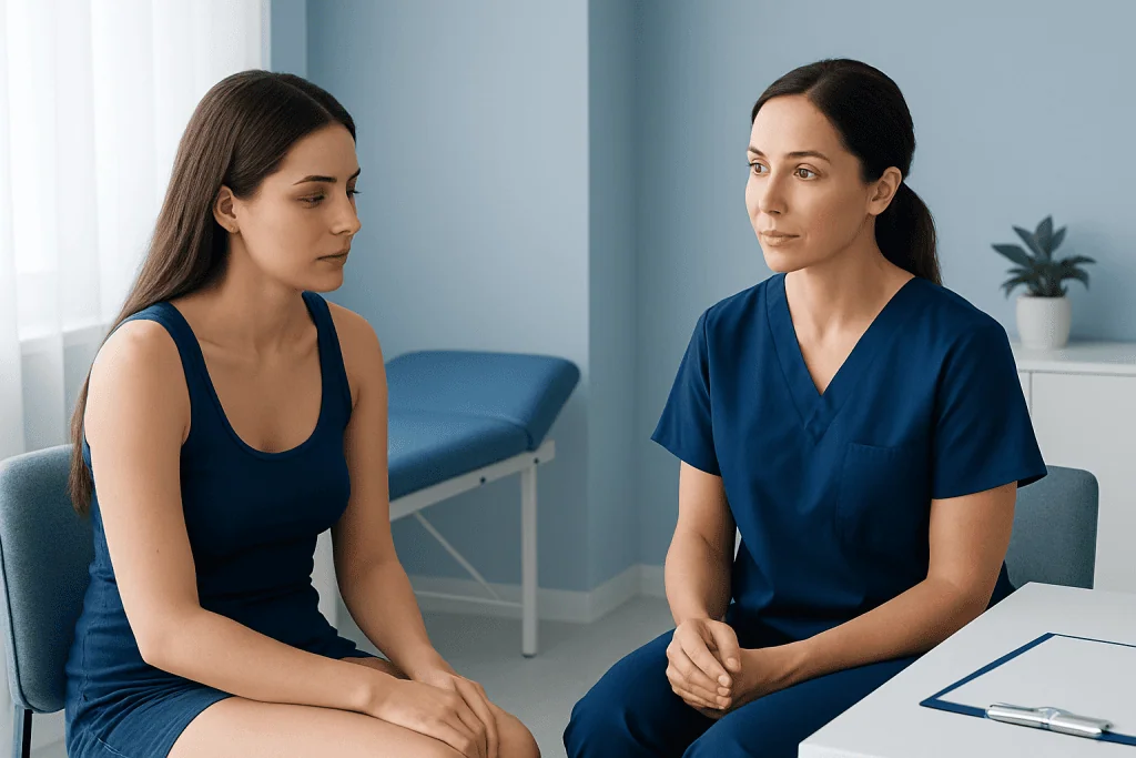 Medical consultation about bikini waxing with a healthcare professional and patient.