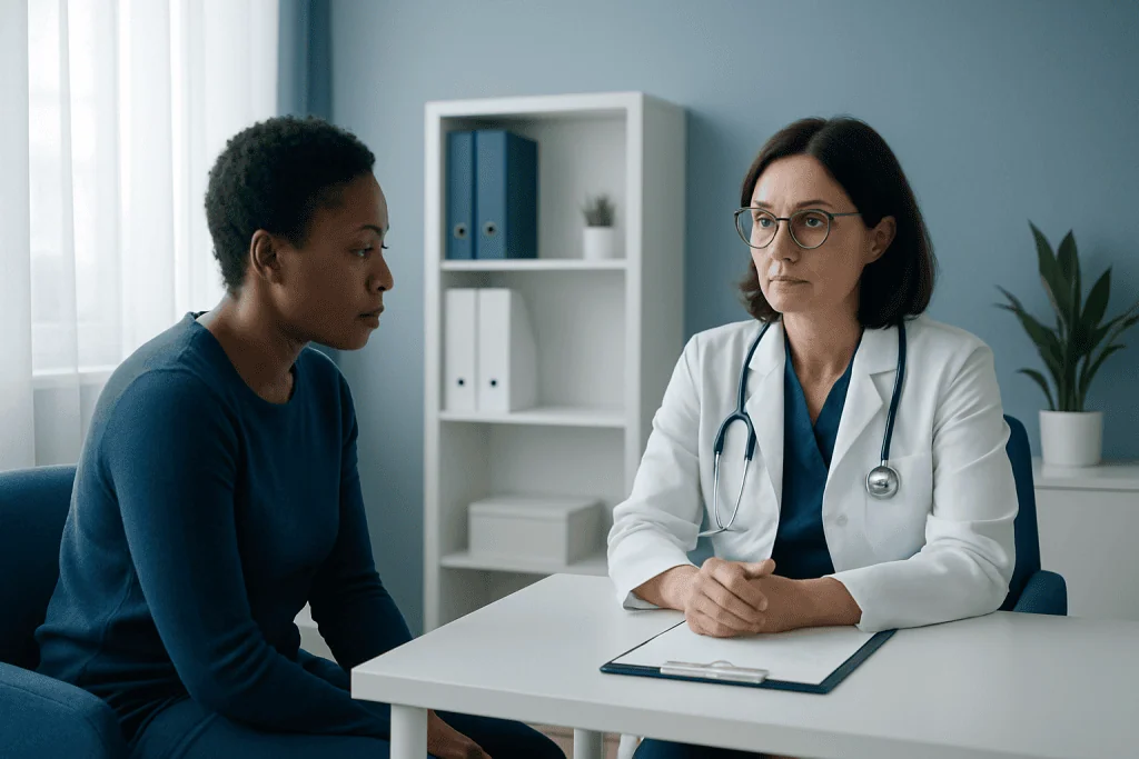Doctor consulting a patient in a medical office setting.