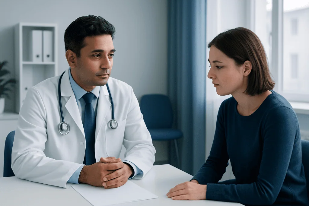 Doctor consulting with a female patient in a modern clinic setting.