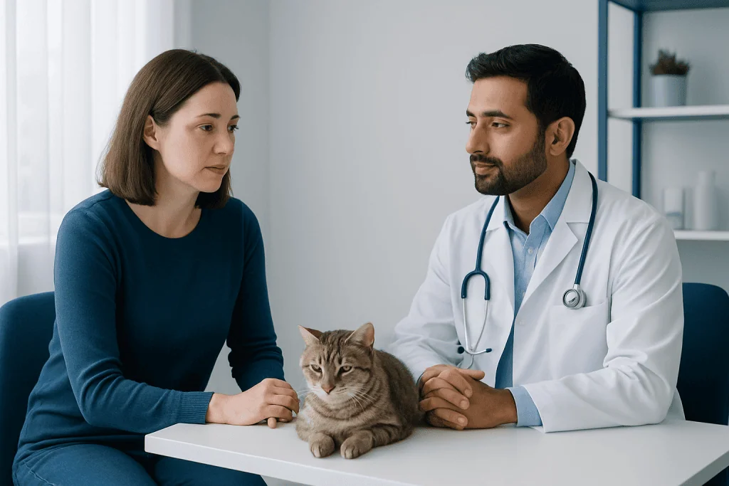 Veterinarian consulting with pet owner about cat health at clinic.