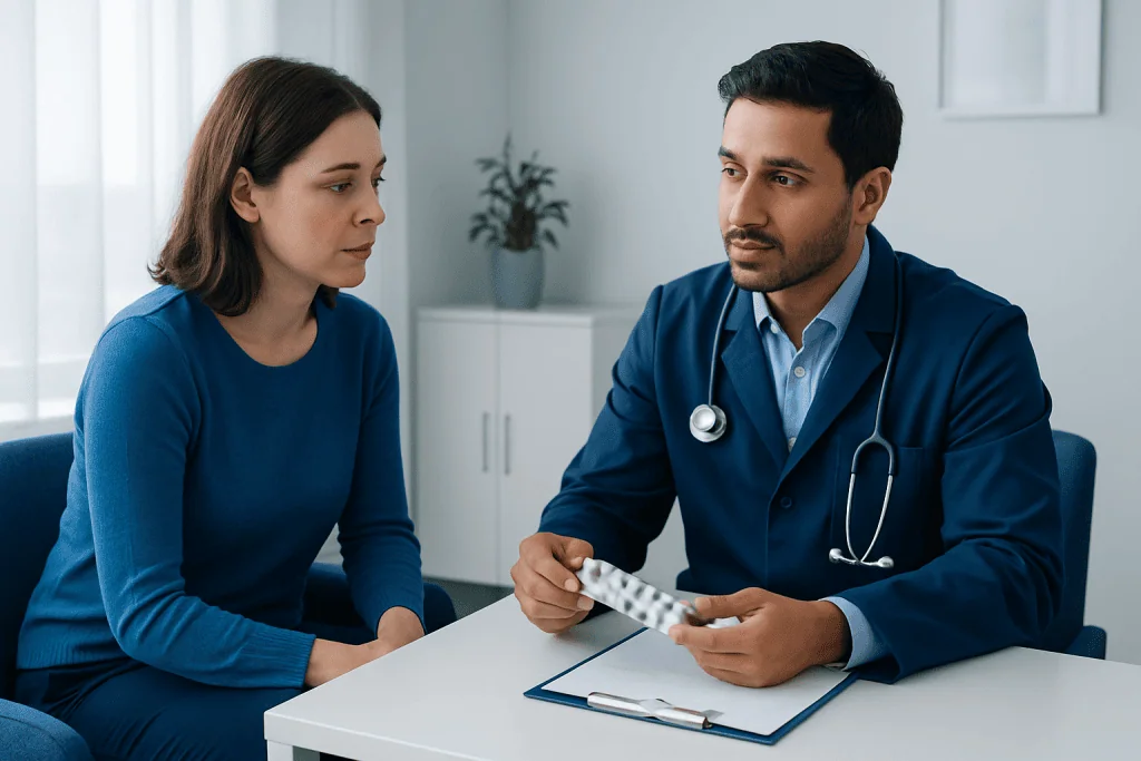 Doctor consulting with a female patient in a medical office.