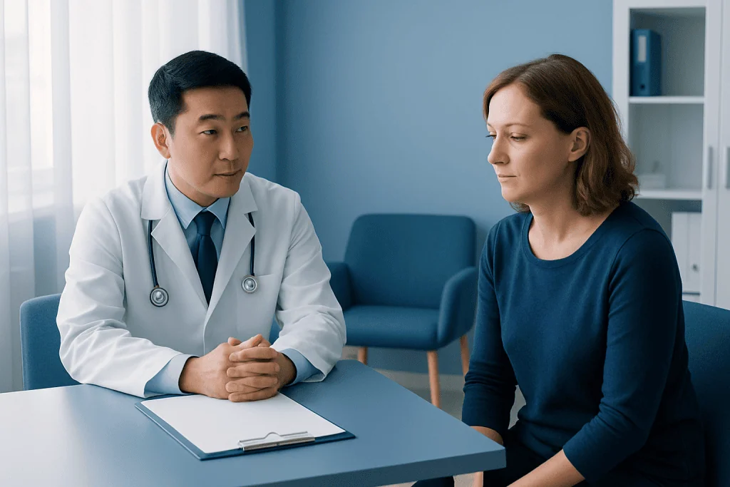 Doctor consulting with a female patient in a medical office.