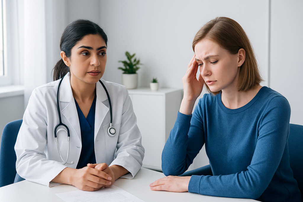 Doctor consulting with a patient experiencing headache or stress.