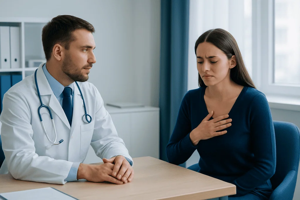 Doctor consulting a patient about health concerns in a medical office.