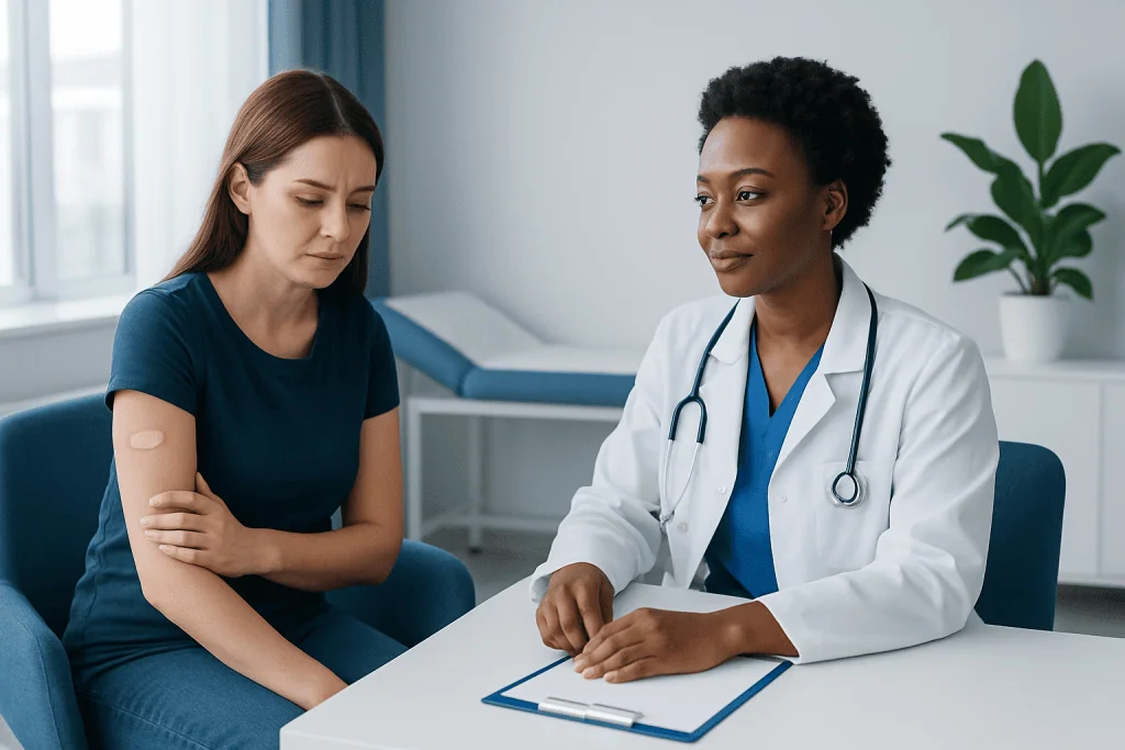 Doctor discussing vaccine side effects with a patient in a clinic setting.