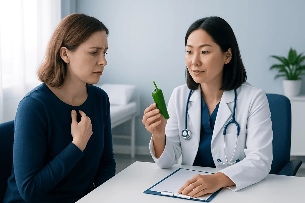 Doctor explaining health benefits of jalapeno to patient in consultation room.