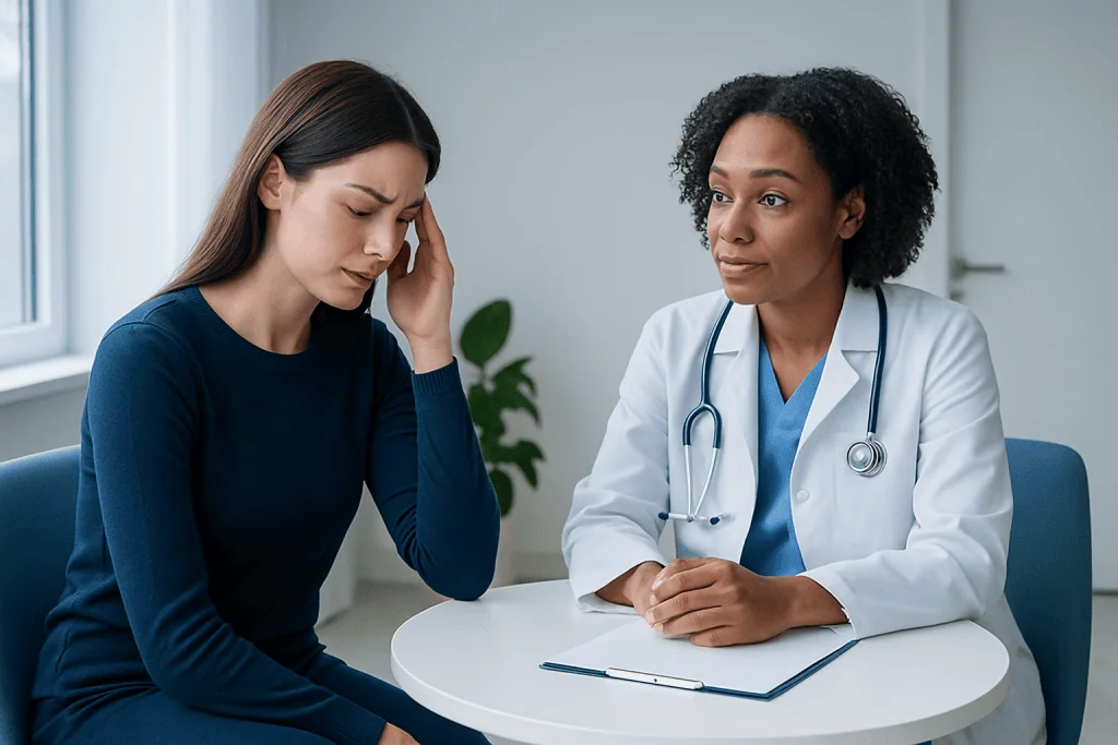 Patient consulting with doctor in a medical office setting.