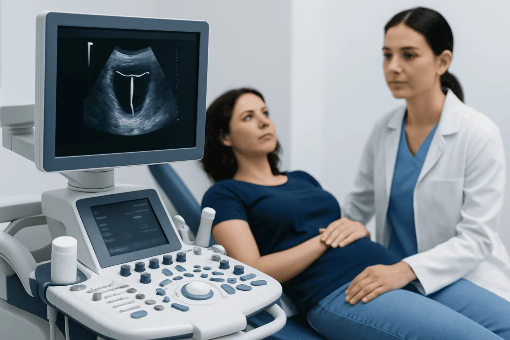 Doctor performing an ultrasound exam on a pregnant woman at Acibadem Hospital.