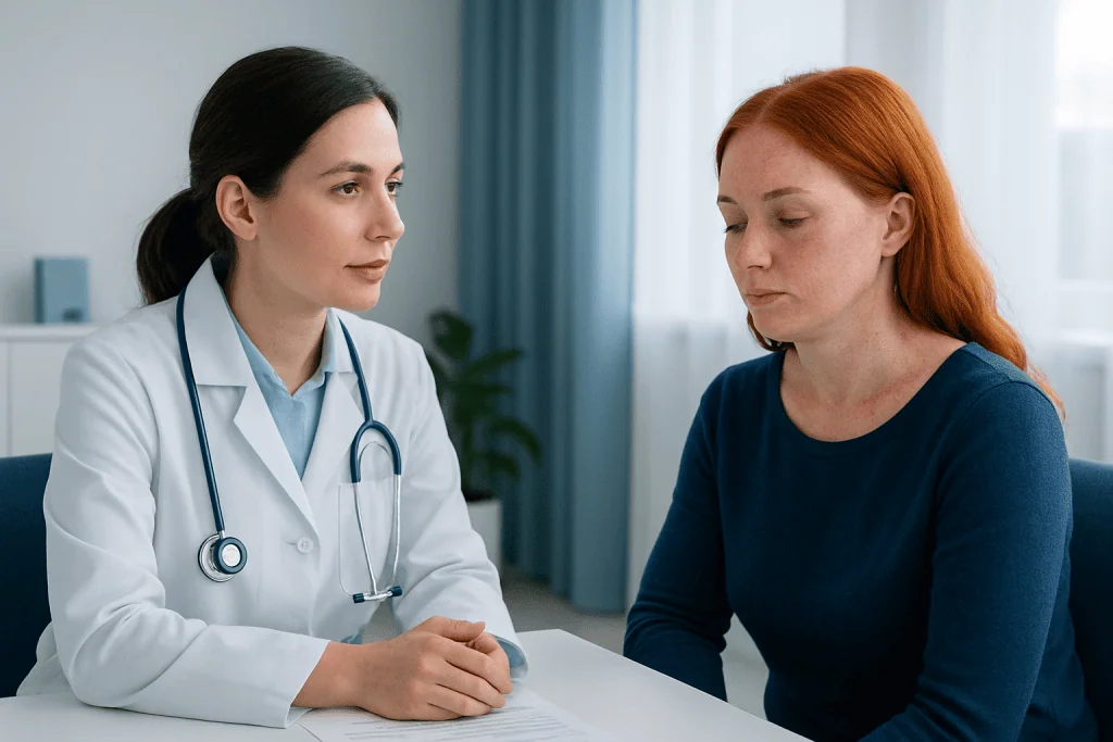 Doctor consulting with a female patient in a medical office.