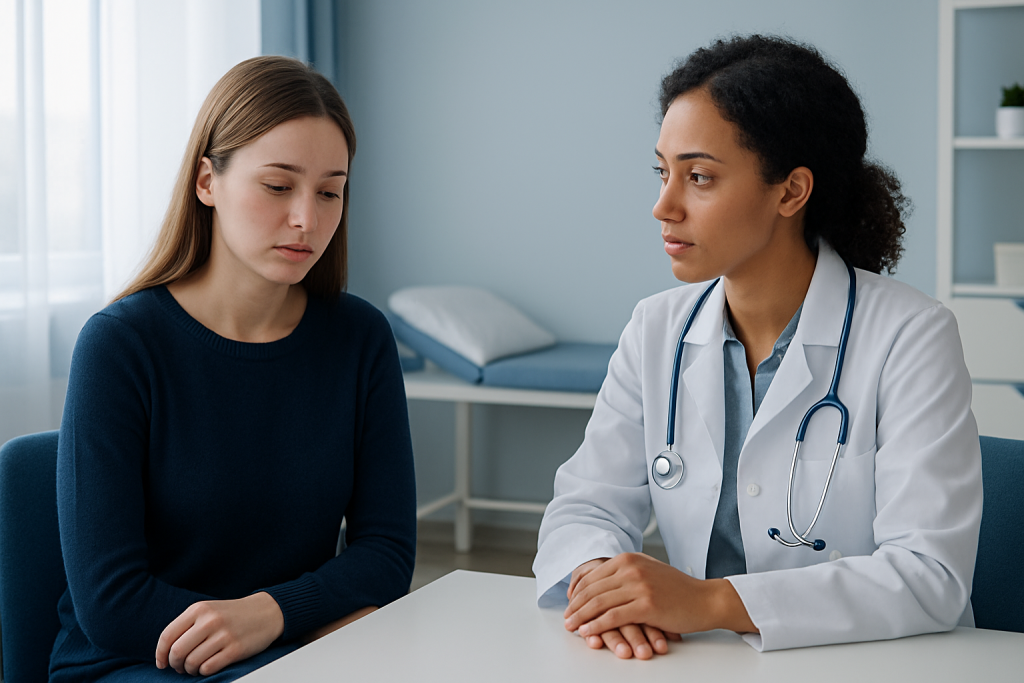 Doctor consulting with a young woman in a medical office.