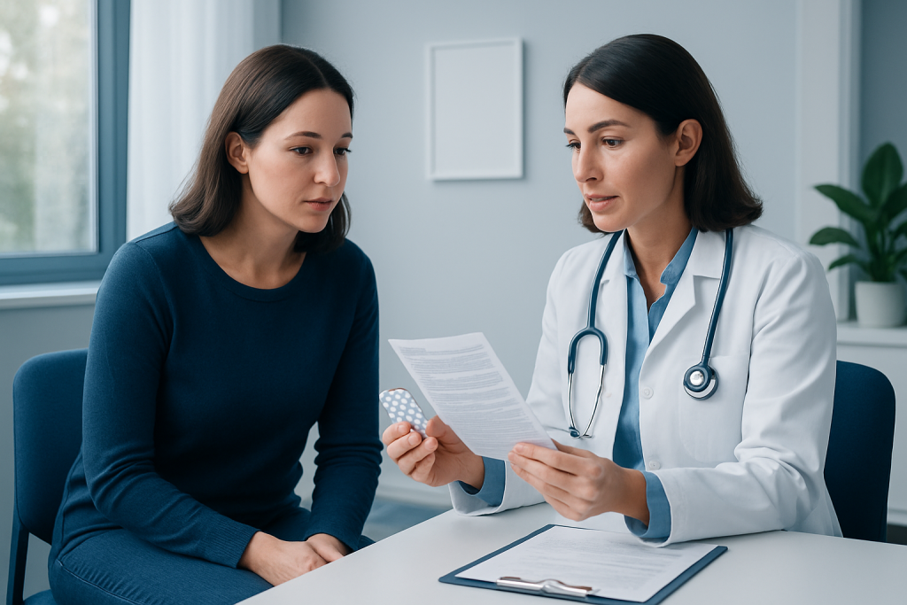 Doctor consulting with a patient about medication safety and uses.