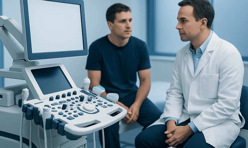 Doctor consulting patient with ultrasound machine in clinic setting.