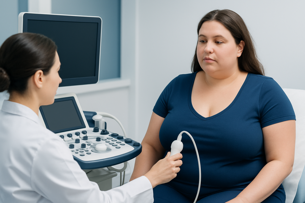 Medical examination of a woman with an ultrasound device in a clinic setting.