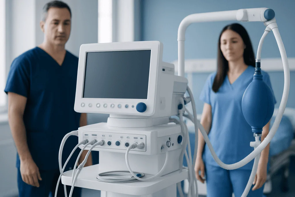 Medical professionals with ventilator in hospital setting.