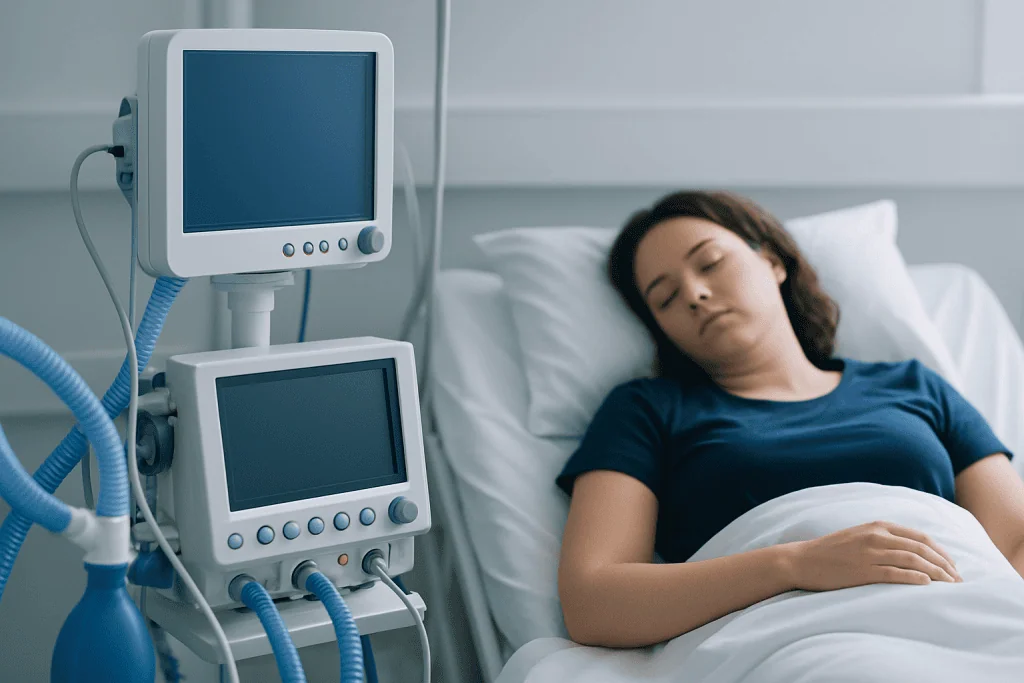 Young woman resting in hospital bed with medical monitors nearby.