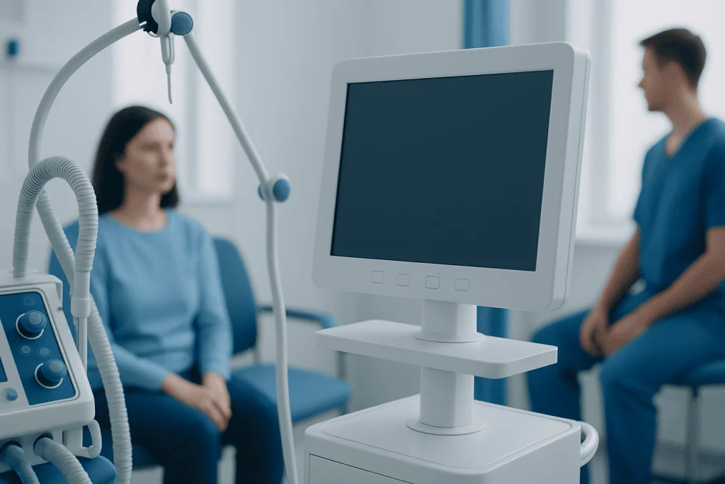 Medical consultation room with patient and doctor, monitor in foreground.